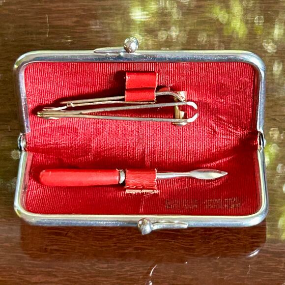 Vintage Red Leather Travel Manicure Set West Germany - Picture 1 of 11